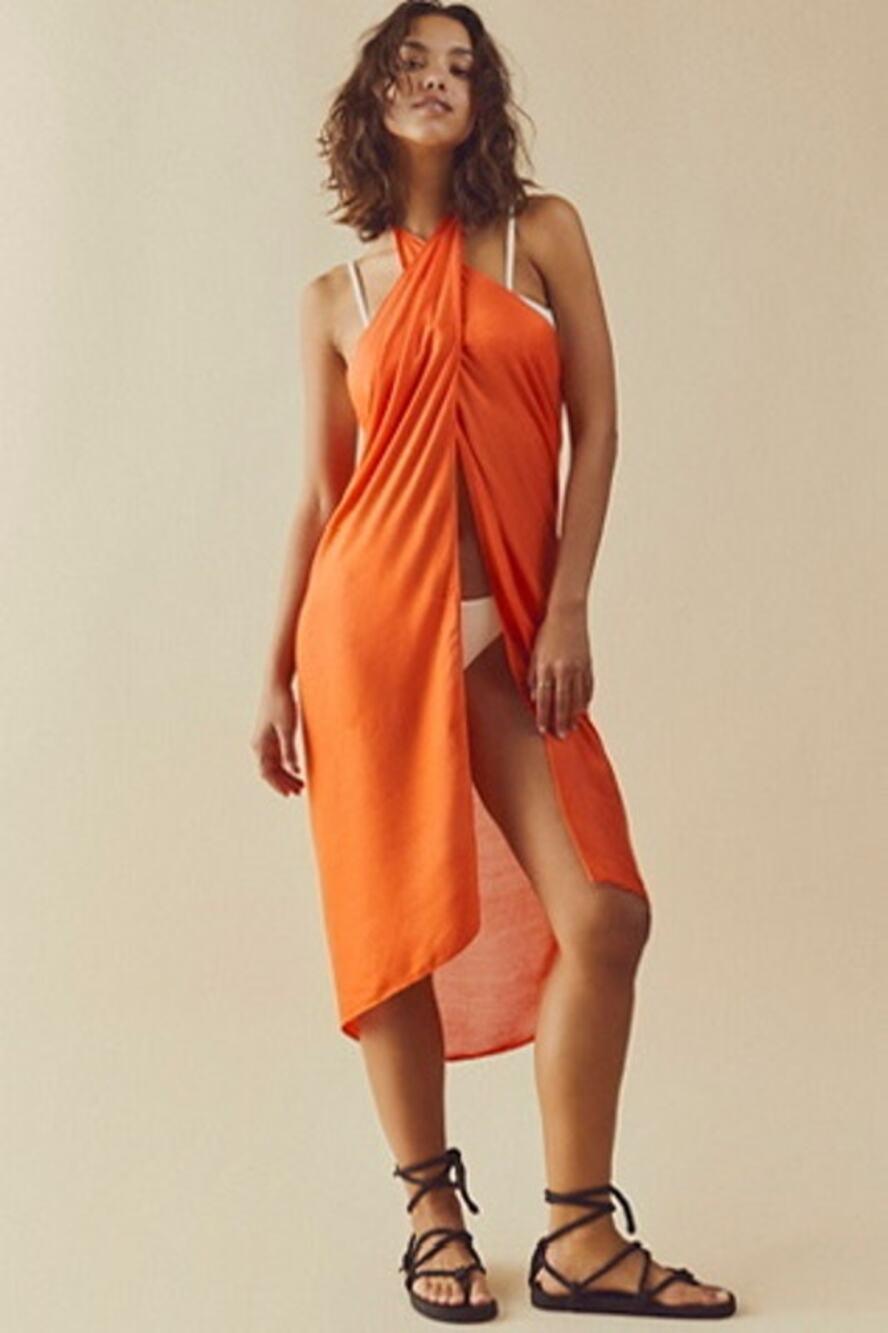 Free People Island Time Sarong Cover-Up Tasseled Reddish Orange One Size New